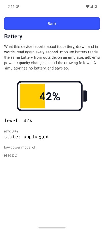mobium battery on an Android 15 emulator