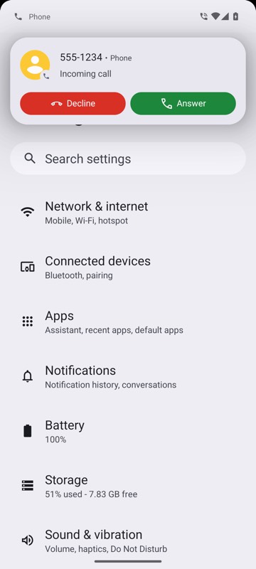 mobium call --number 5551234 on an Android 15 emulator