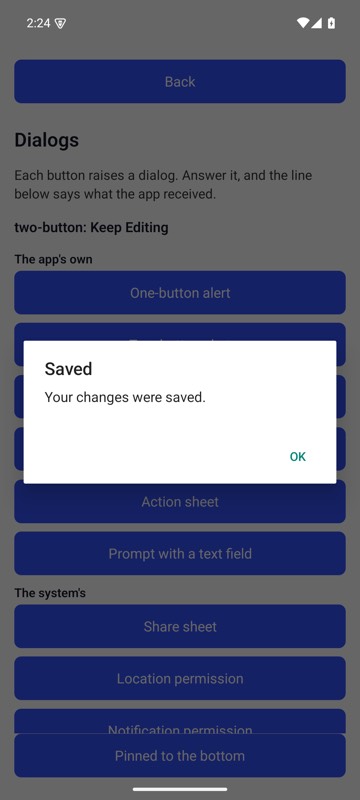 After: With mobium dialogs --when "Discard changes" --press "Keep Editing" declared, mobium tap testid=oneButtonBtn met the Discard dialog in its way, pressed Keep Editing, and went on — its own alert is up, and the line under the title says what the app received — on an Android 15 emulator