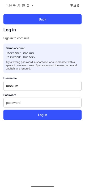 mobium fill testid=username mobium on an Android 15 emulator