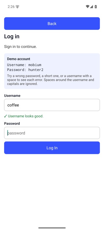 mobium keyboard --text coffee --key enter on an Android 15 emulator