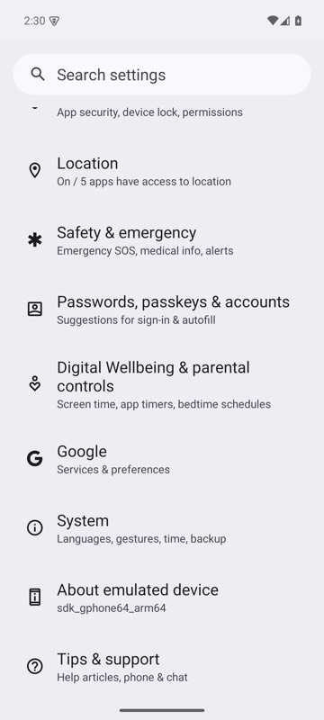 After: mobium scroll-to text=System on an Android 15 emulator