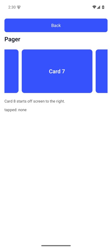 After: mobium scroll-to "label=Card 8" --direction right on MobiumApp's Pager Demo, Android 15 emulator: from Card 1 to where Card 8 is in the pager's view and can be tapped — it stops as soon as it is, so here only Card 8's left edge shows, at the right