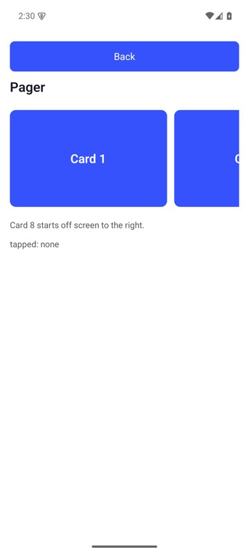 Before: mobium scroll-to "label=Card 8" --direction right on MobiumApp's Pager Demo, Android 15 emulator: from Card 1 to where Card 8 is in the pager's view and can be tapped — it stops as soon as it is, so here only Card 8's left edge shows, at the right