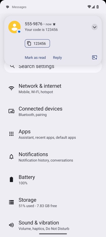 mobium sms "Your code is 123456" --from 5559876 on an Android 15 emulator