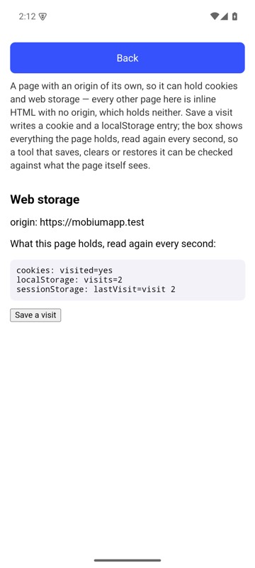 mobium storage -o state.json on an Android 15 emulator