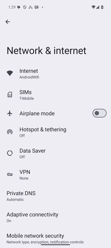 After: mobium tap "text=Network & internet" on an Android 15 emulator