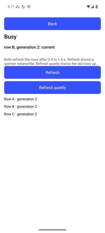 mobium tap testid=busyRowB on MobiumApp's Busy Demo, Android 15 emulator, launched with --gray-box: the tap waited for the quiet refresh to finish, and Row B is the new generation's