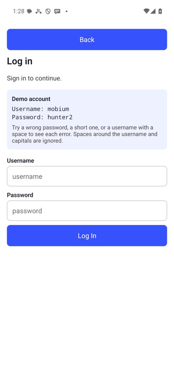 Before: mobium type testid=username mobium on an Android 15 emulator