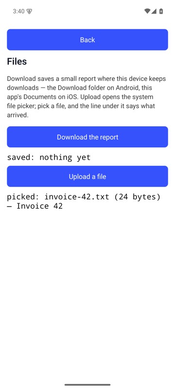 After mobium upload invoice-42.txt, the Files Demo's Upload a file opened the system picker, the file was in it, and the line under the button says the name, size and first line of what arrived — on an Android 15 emulator