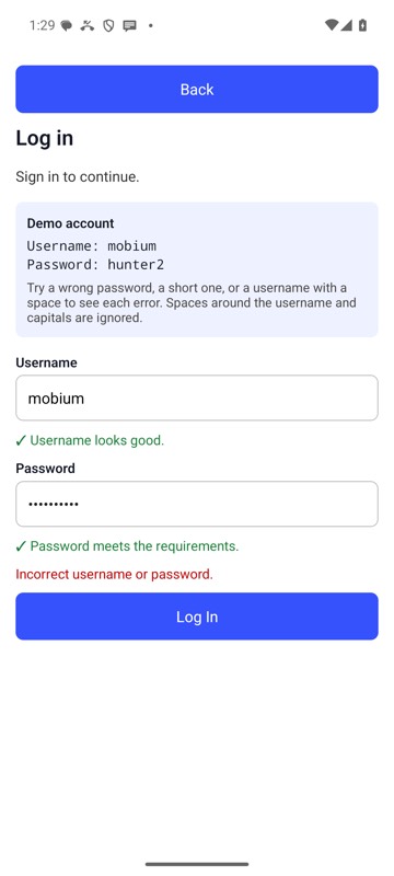 mobium wait testid=loginError --for text --text 'Incorrect username or password.' on an Android 15 emulator