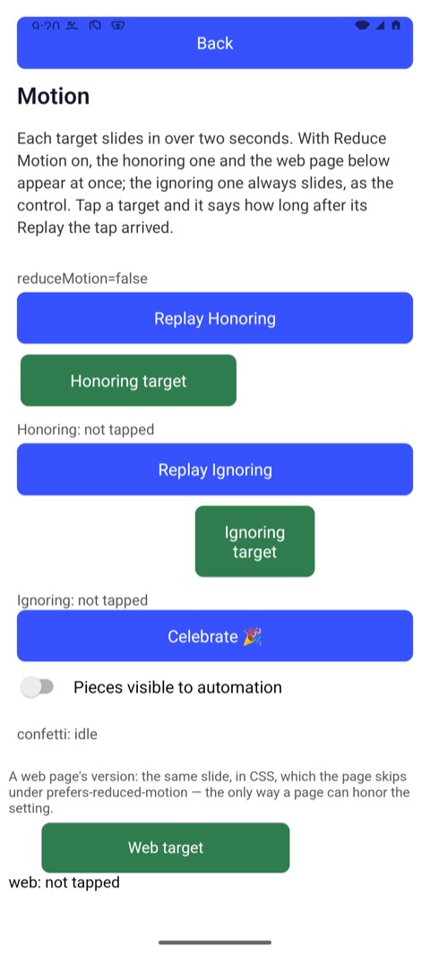 The Motion Demo mid-slide, the Ignoring target to the right of where it stops