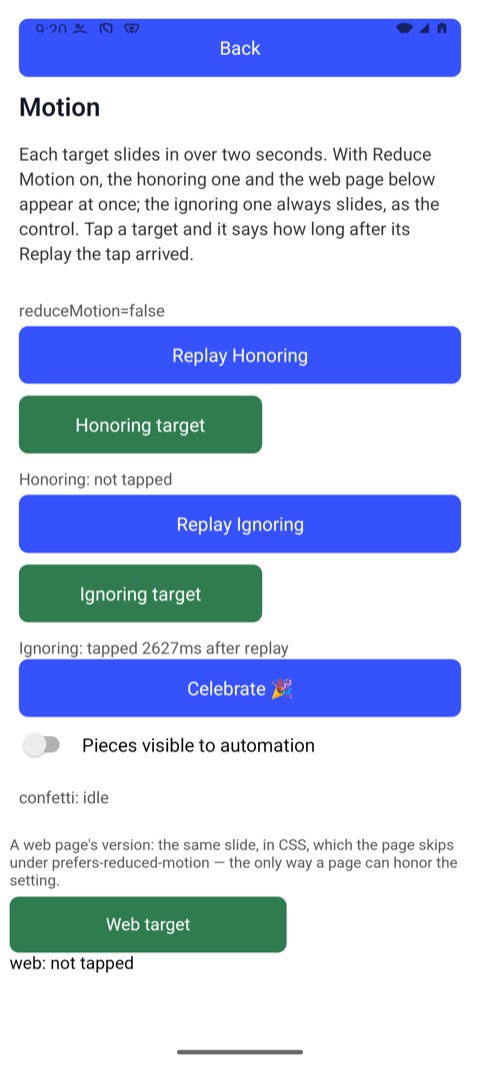 The Motion Demo after the tap: "Ignoring: tapped 2627ms after replay"