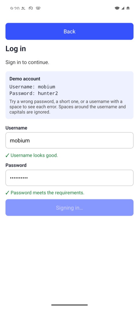 The Login Demo with the button grayed out and reading "Signing in…"