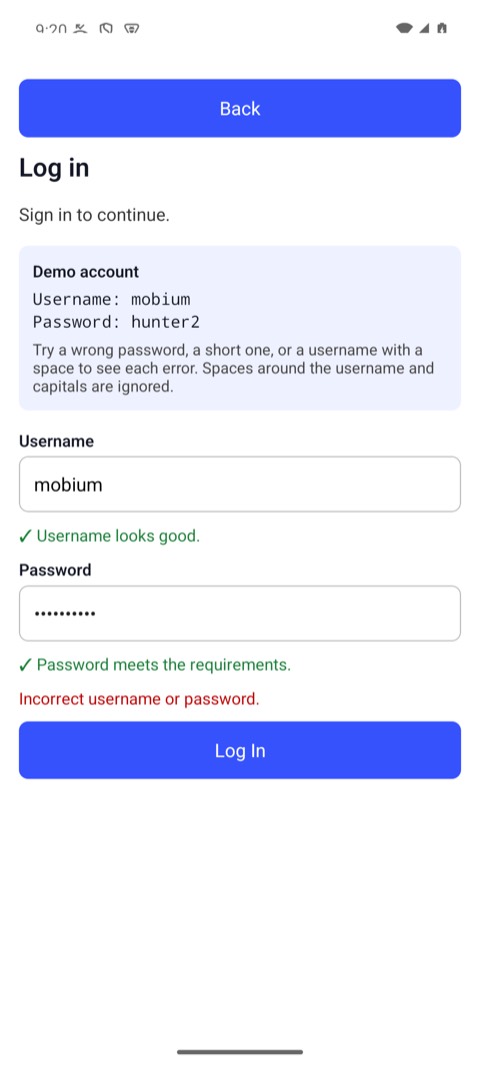 The Login Demo showing "Incorrect username or password." above an enabled Log In