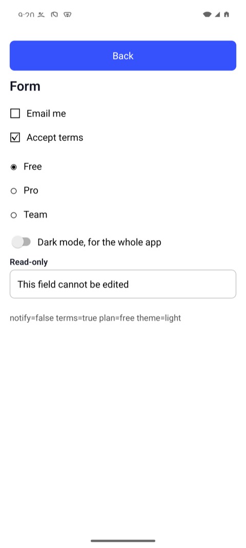 The Form Demo after check: Accept terms ticked, and the app's own line reading terms=true