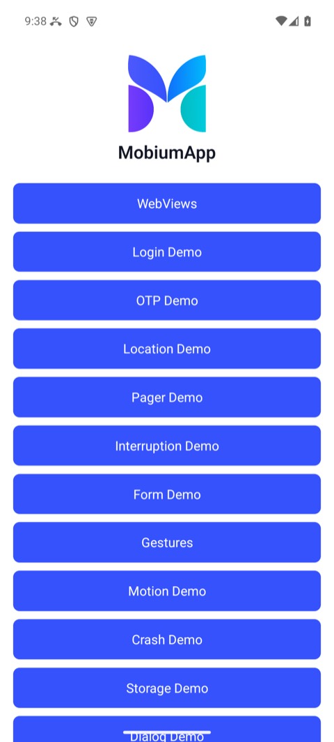 MobiumApp's home screen, a column of demo buttons