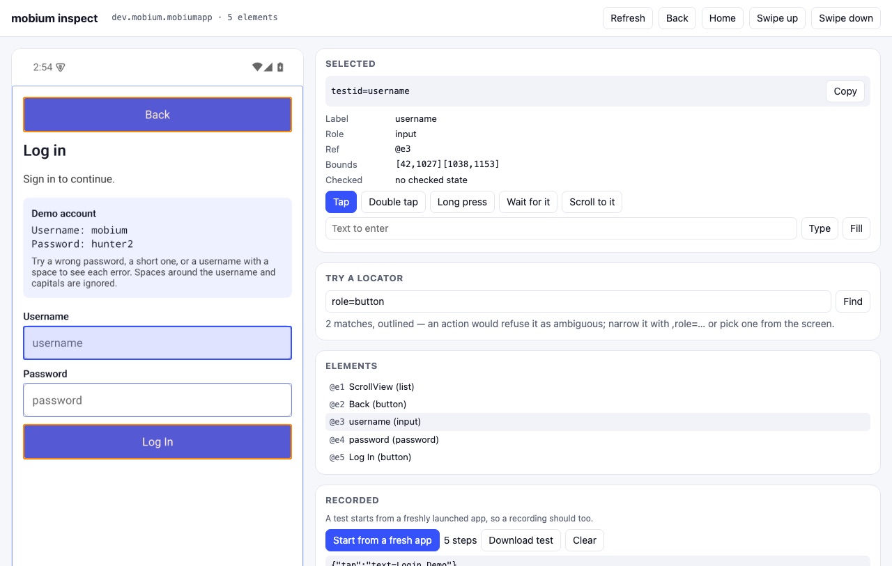 The inspector's page: the screen on the left, what is on it on the right, the locator map would give for anything clicked, and the steps done so far as a mobium test file — from the inspector guide