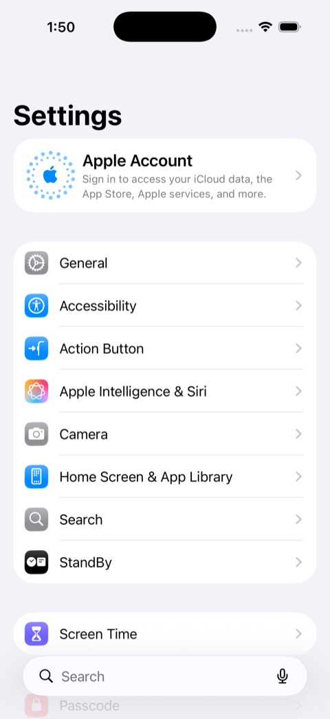 iOS Settings, as start left it