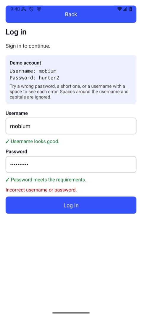 What the agent left on screen: the Login Demo showing "Incorrect username or password."