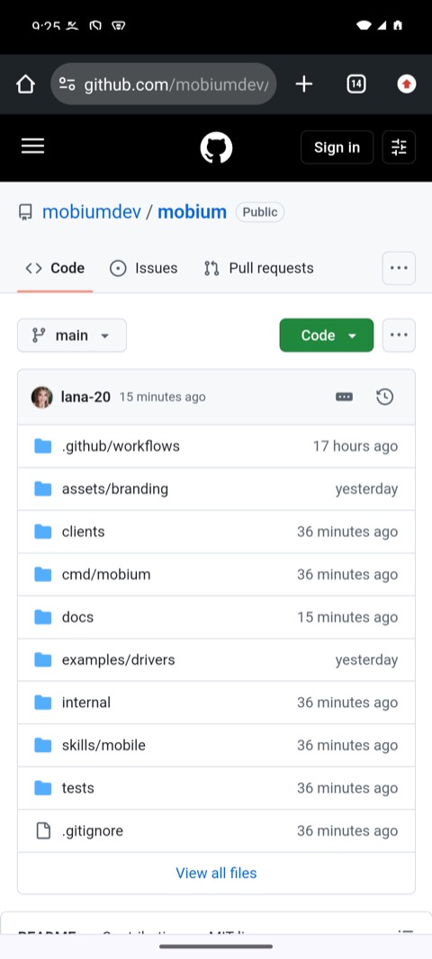 Mobium's repository on GitHub, loaded, with the Wi-Fi icon back
