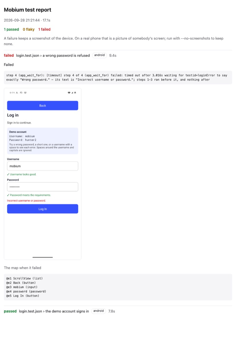 The HTML report: one test failed, its message, a screenshot of the Login Demo showing "Incorrect username or password.", and the map